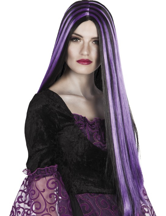 Perruque longue noire et mèches violette femme