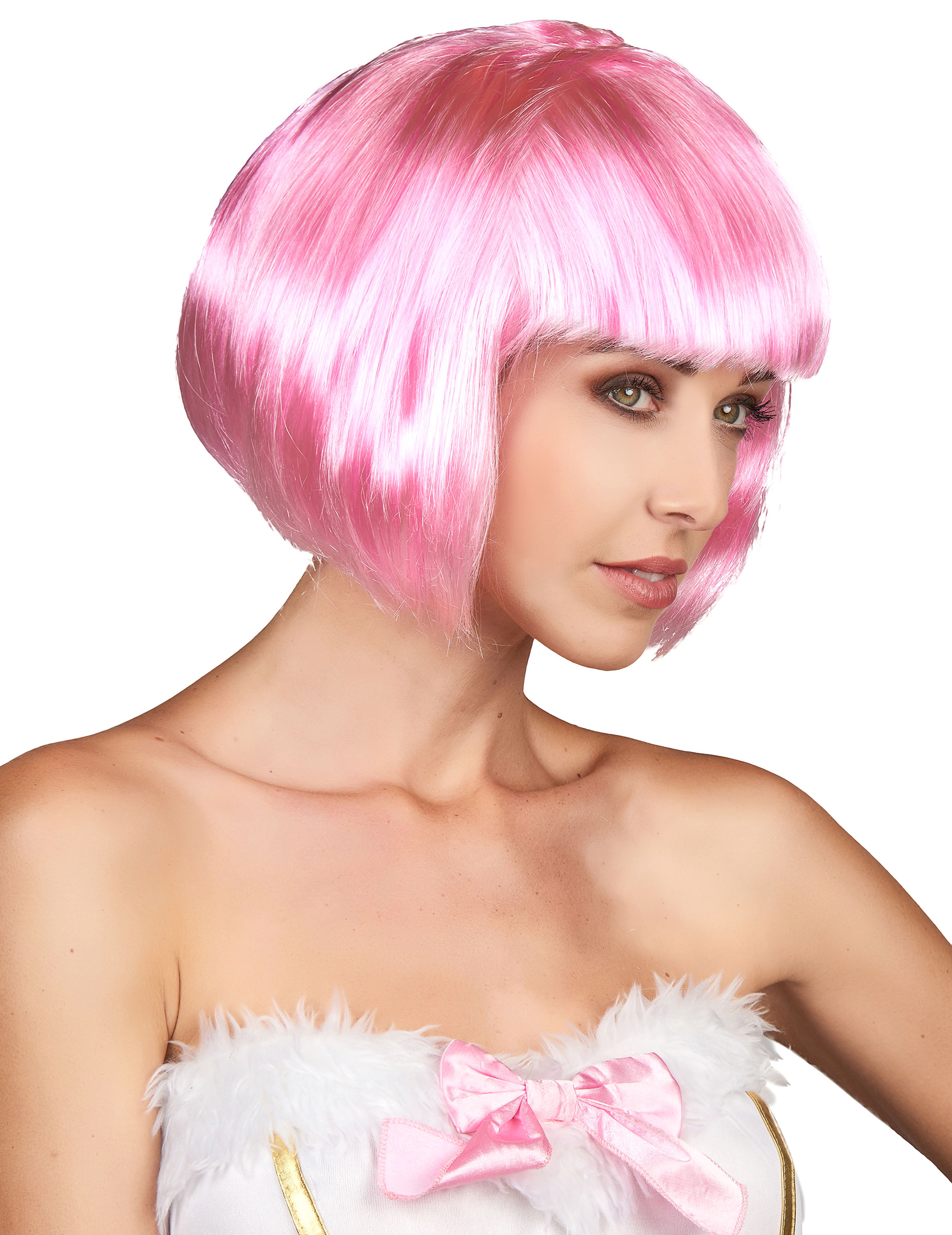 Perruque courte rose à frange femme