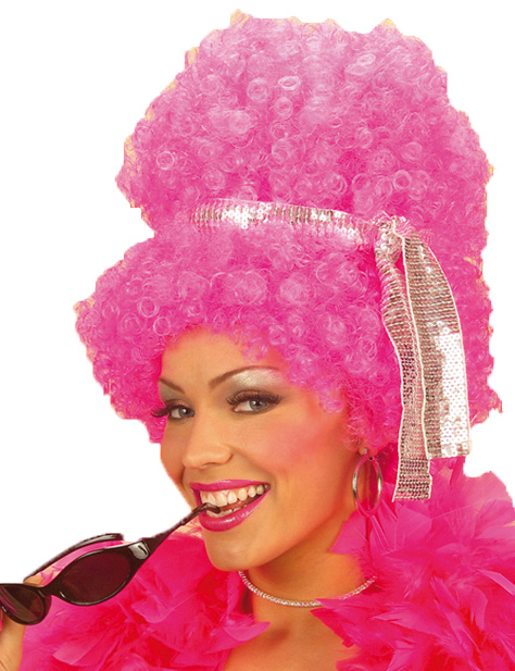 Perruque rose fluo et lunettes disco femme