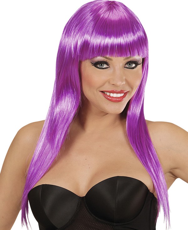 Perruque longue violette à frange femme