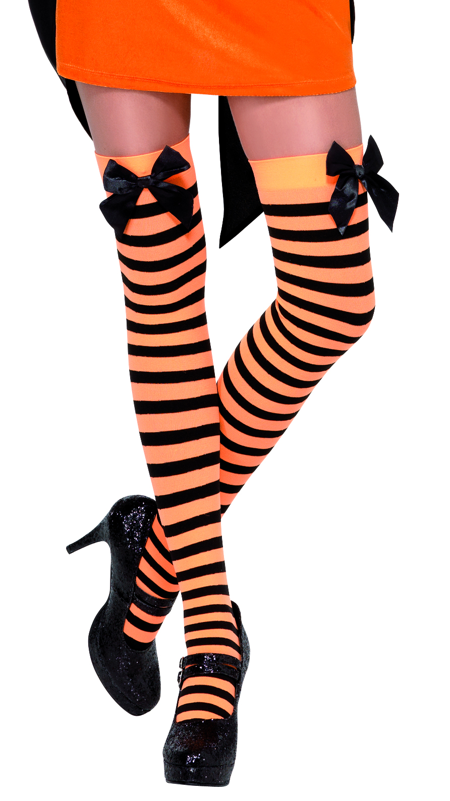 Bas rayés orange et noir avec noeud noir femme