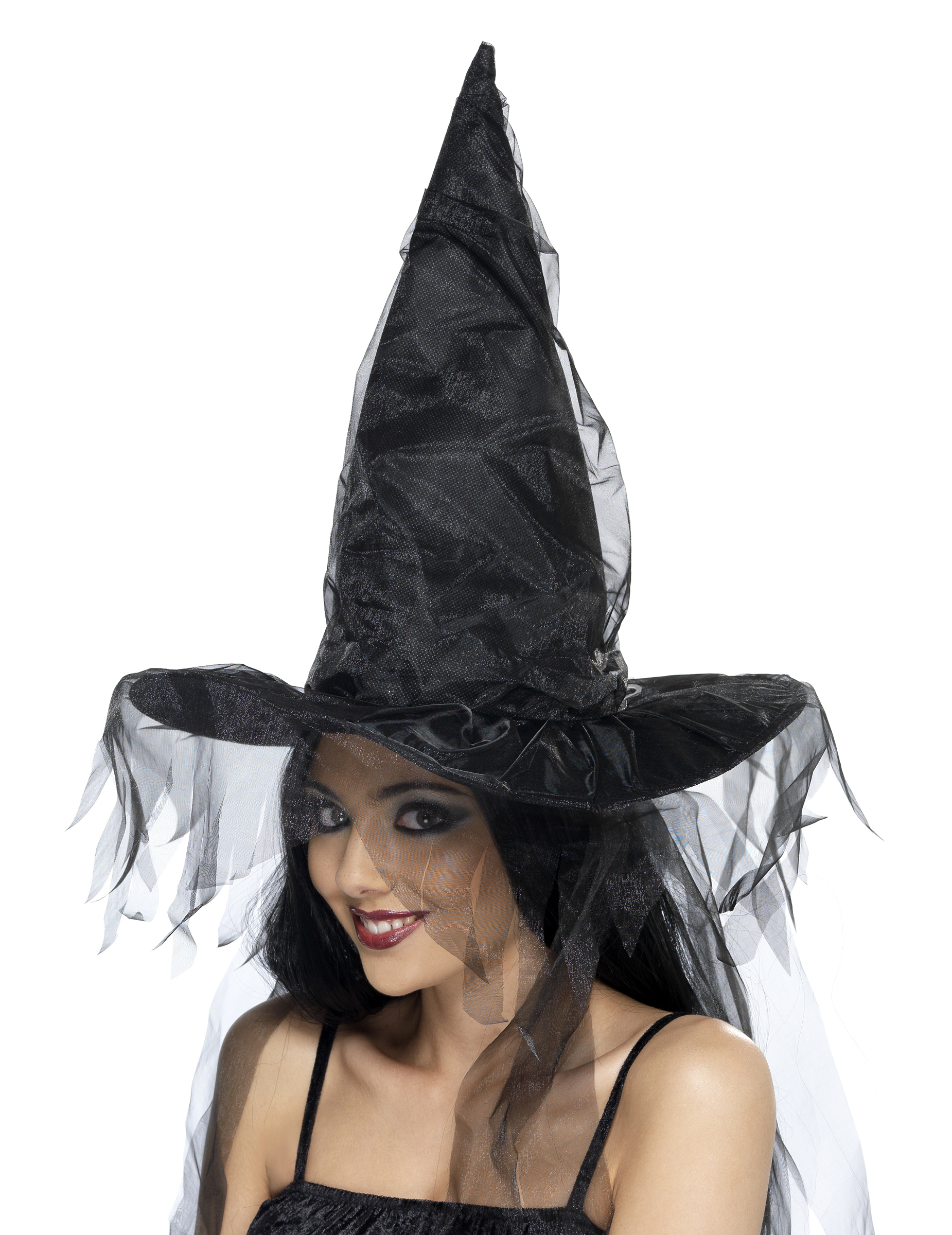 Chapeau sorcière noir à voilage femme