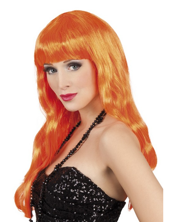 Perruque longue orange fluo à frange Femme
