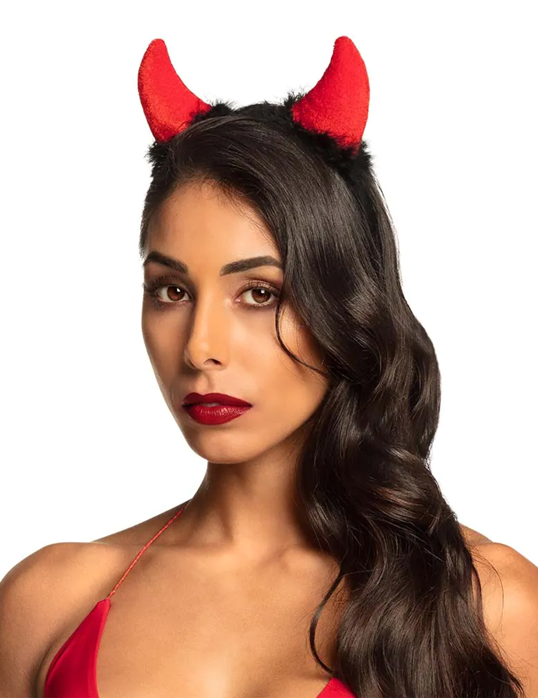 Cornes diable rouges avec fourrure noire adulte Halloween