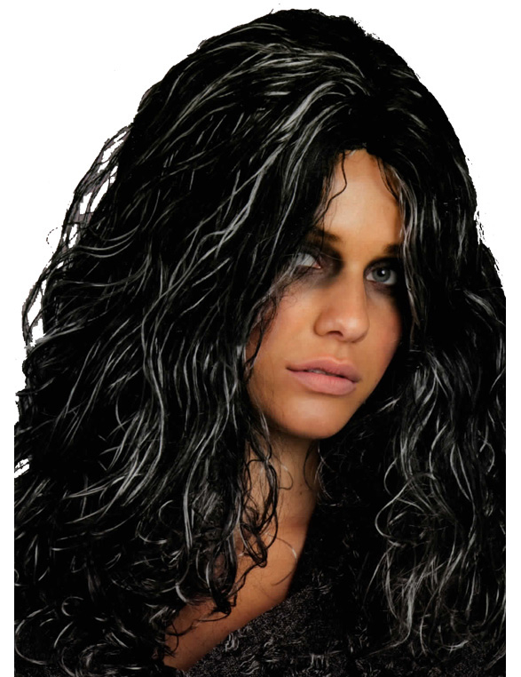 Perruque sorcière noire mèches grises femme Halloween
