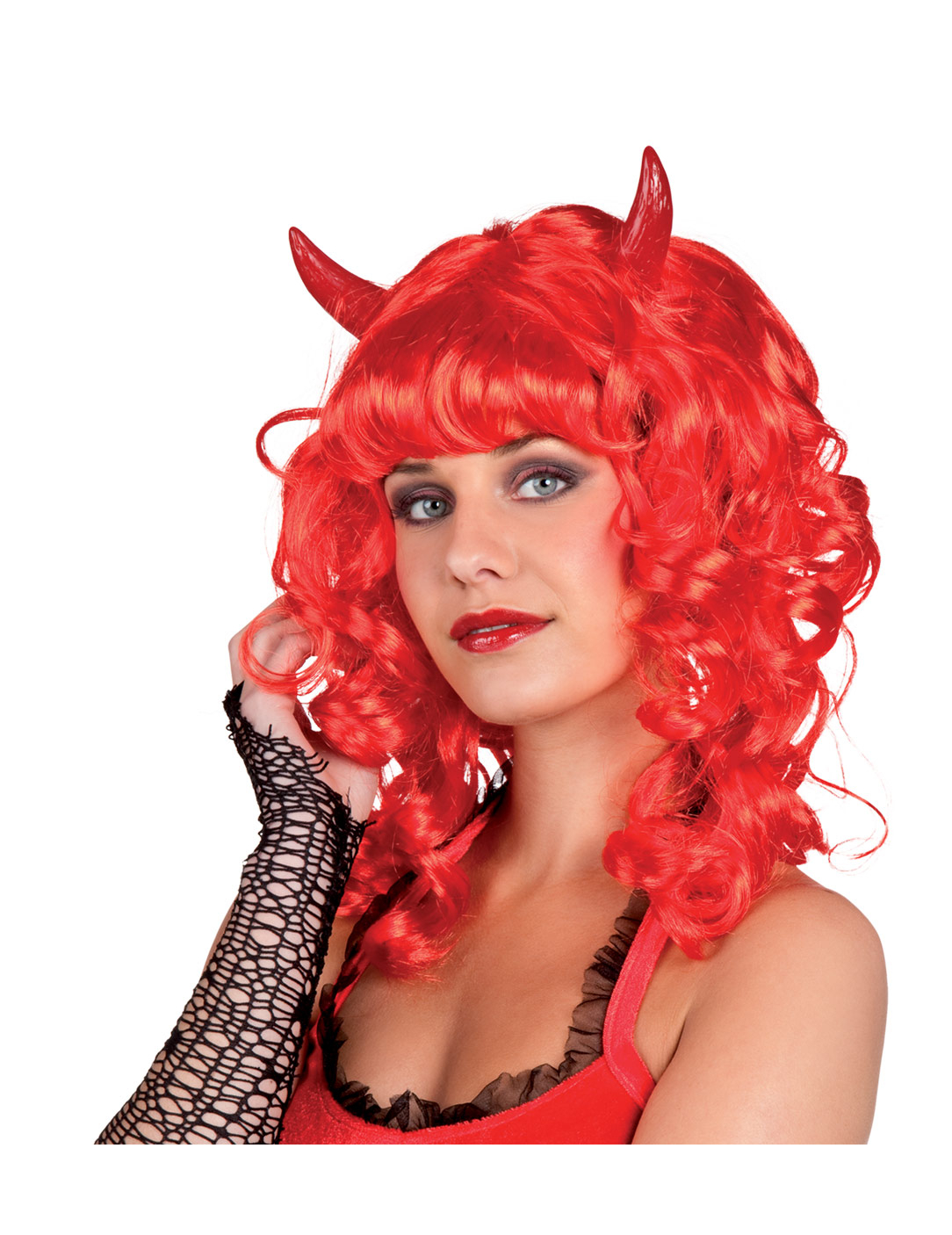 Perruque longue diablesse avec cornes femme Halloween