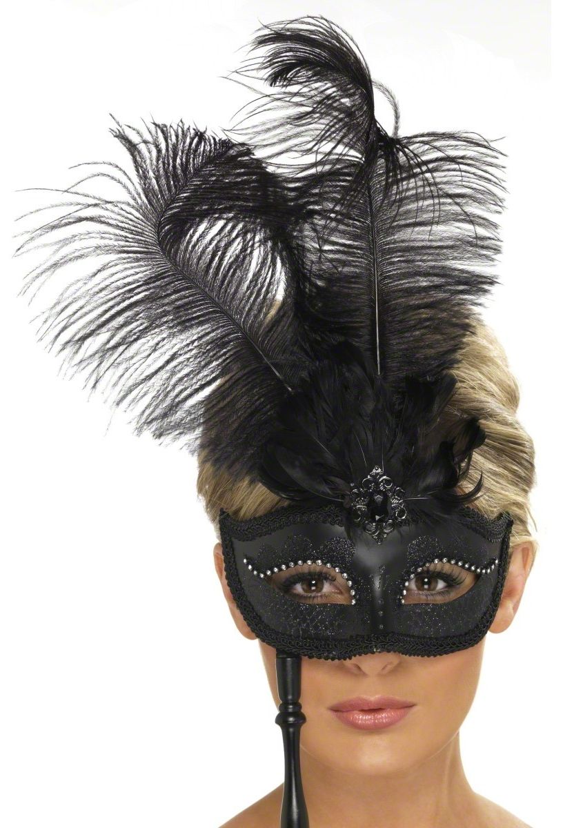 Loup vénitien noir avec plumes noires sur tige adulte