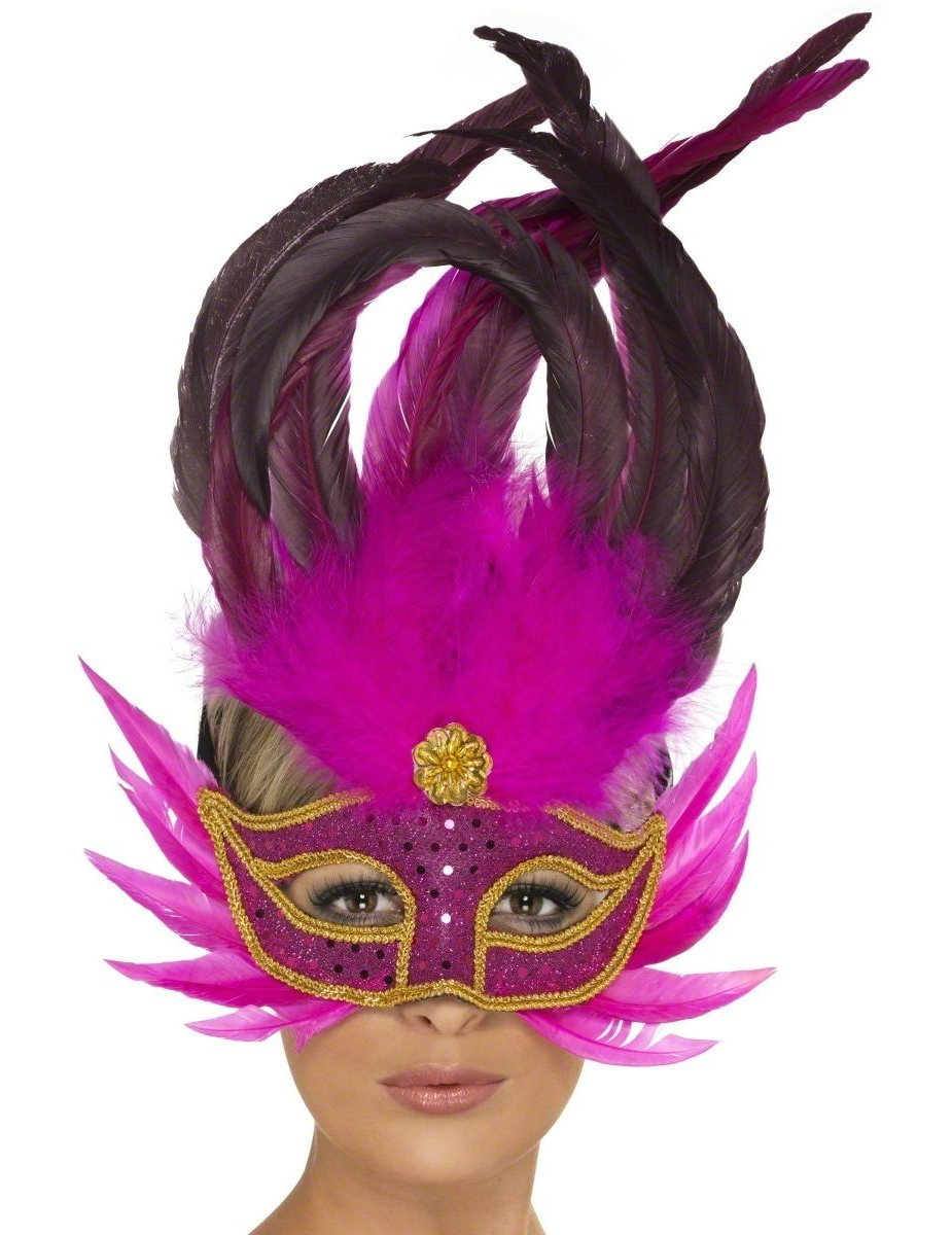 Loup vénitien rose avec grandes plumes roses adulte