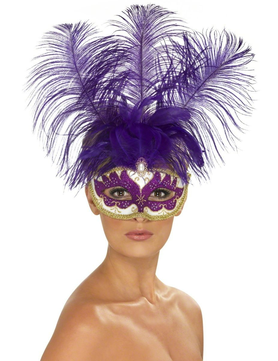 Loup vénitien violet avec plumes violettes adulte