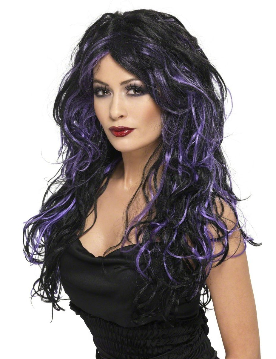 Perruque noire avec mèches violettes femme