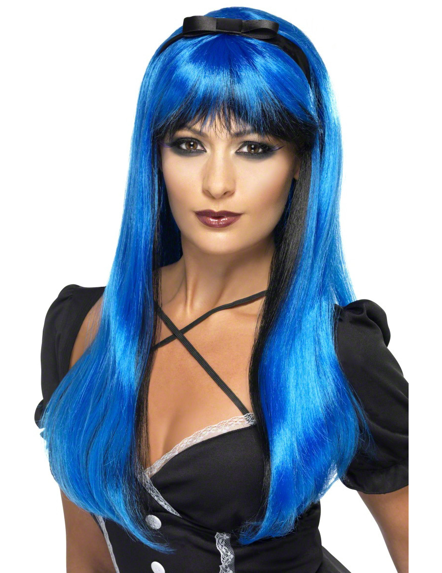 Perruque bleue et noire avec noeud noir femme