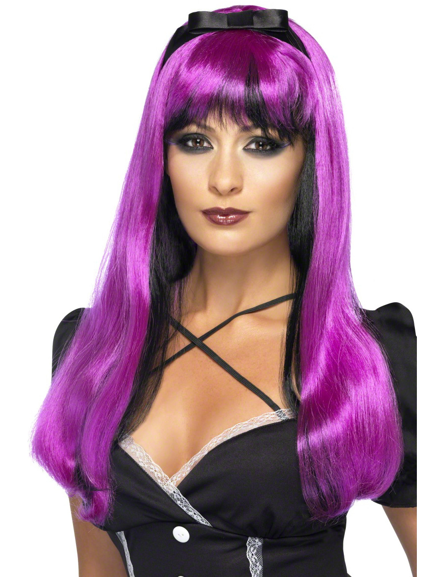 Perruque fuchsia et noire avec noeud noir femme