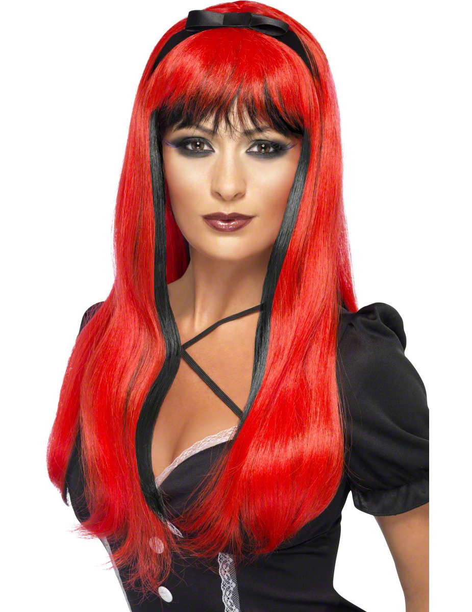 Perruque rouge et noire avec noeud noir femme