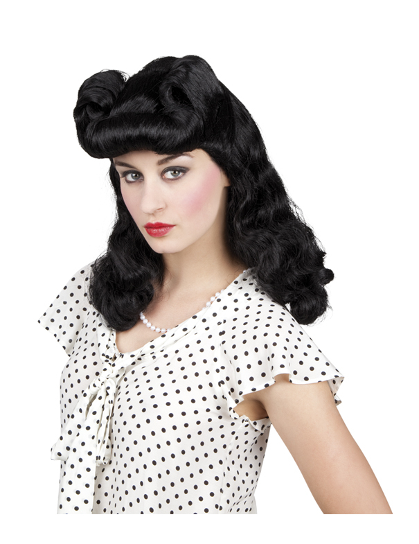 Perruque noire ondulée année 50 femme