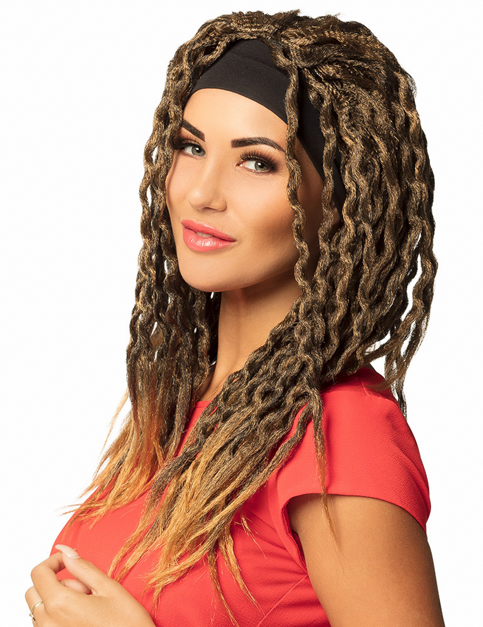 Perruque chatain rasta avec bandeau femme