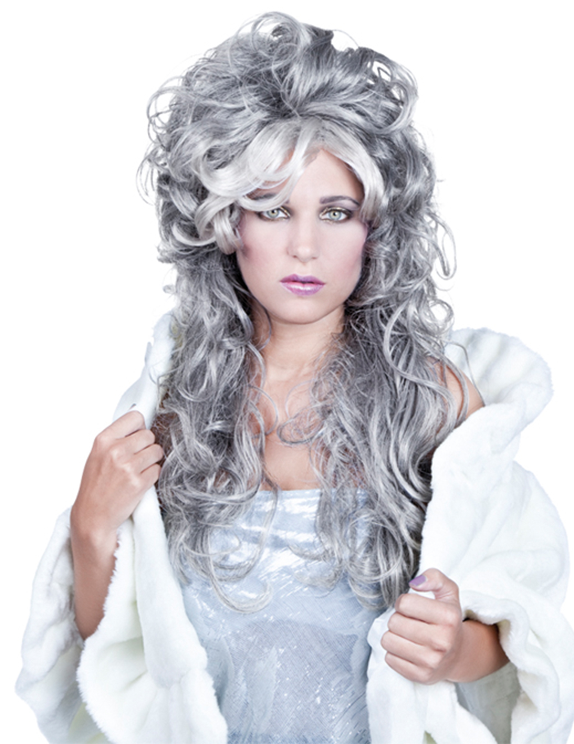 Perruque ondulée longue grise femme