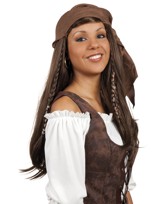 Perruque pirate longue chatain avec bandana femme