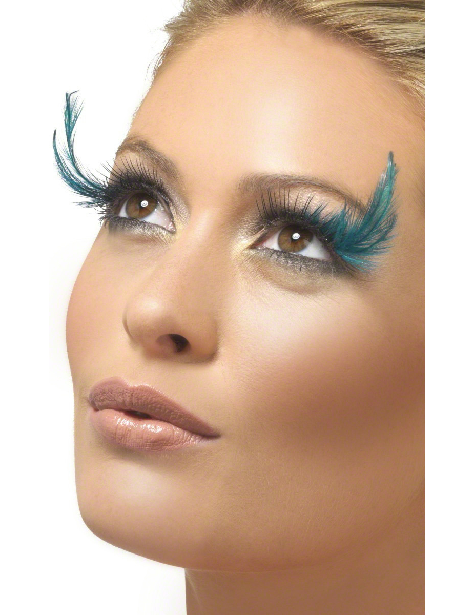Faux cils noirs avec grandes plumes bleues adulte