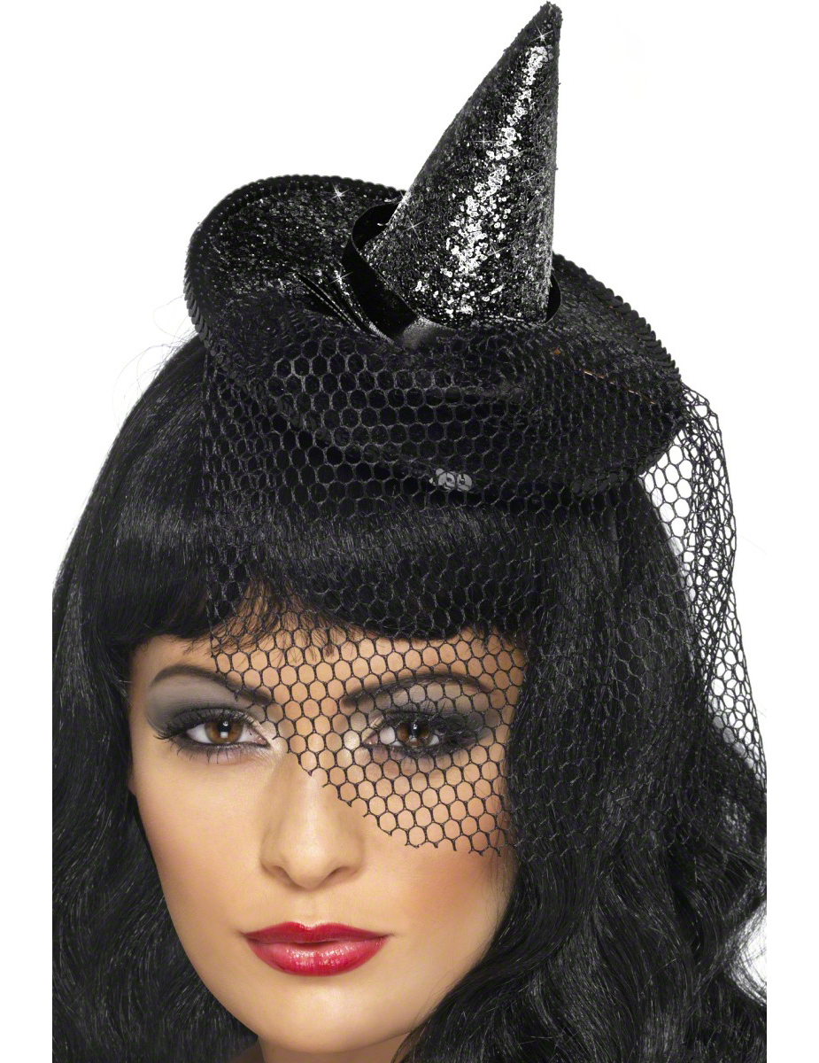 Mini chapeau pointu noir avec voile femme