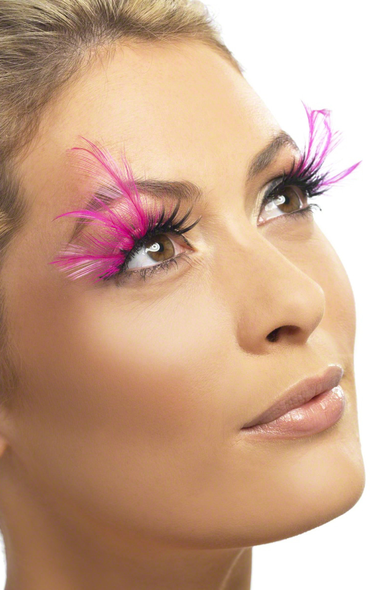 Faux cils noirs avec grandes plumes roses adulte