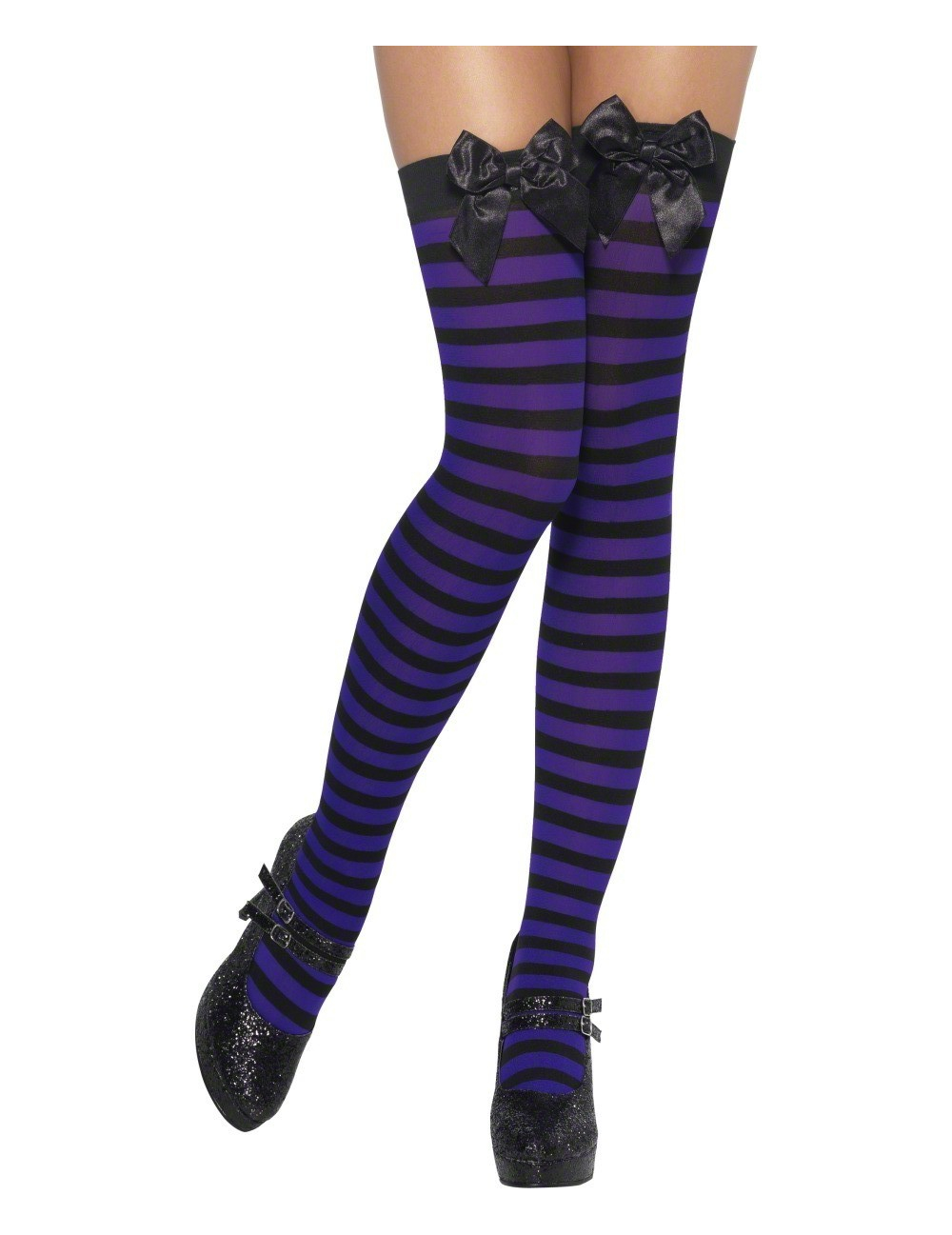 Bas rayés violet et noir avec noeud noir femme 
