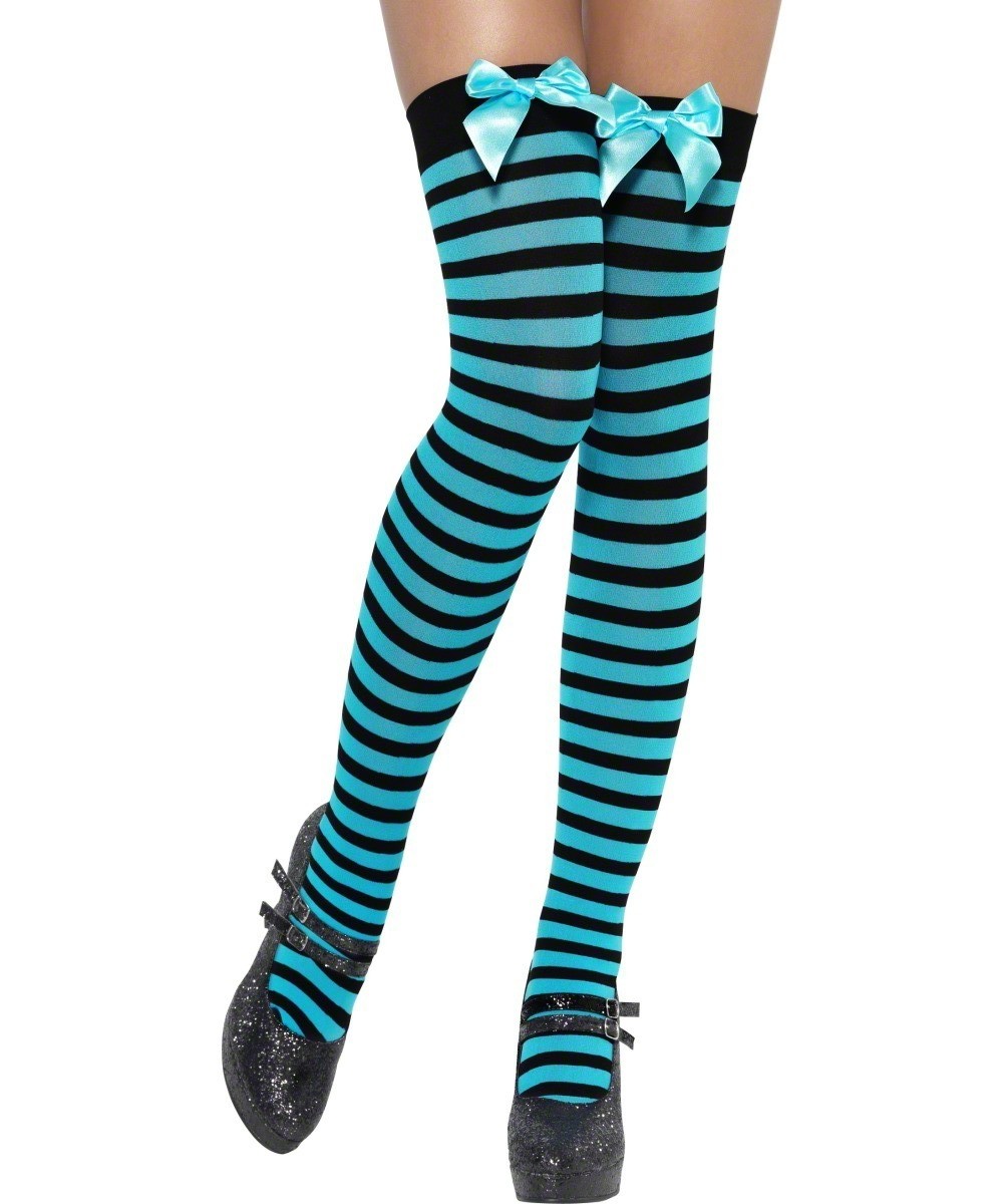Bas rayés bleu et noir avec noeud bleu femme
