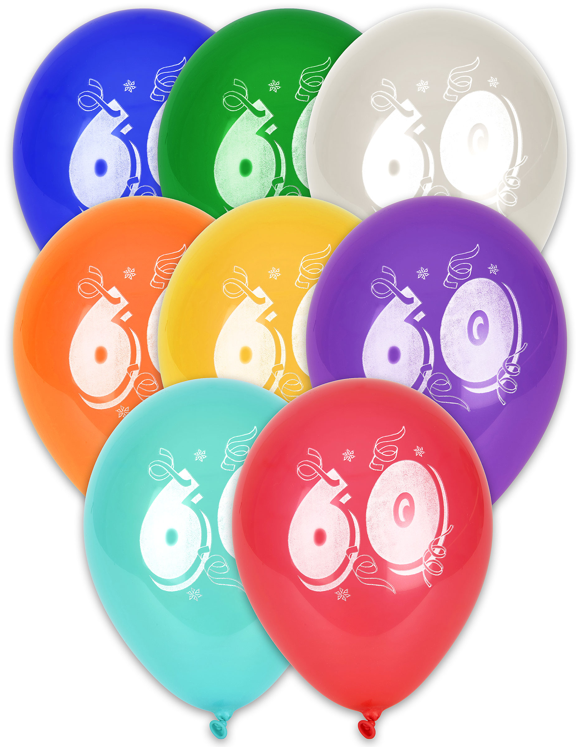 8 Ballons chiffre 60 multicolores 30 cm