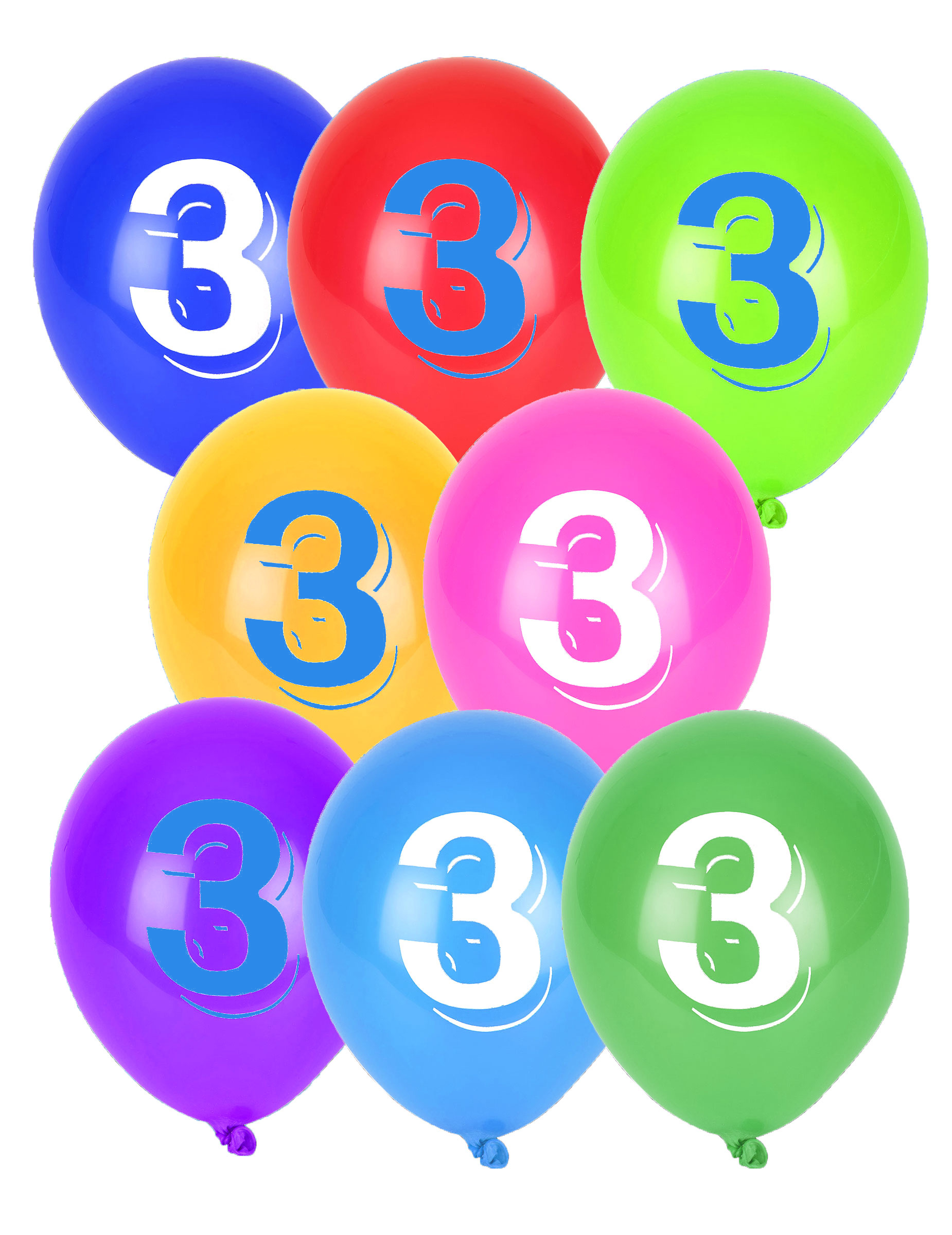 8 Ballons chiffre 3 multicolores 30 cm