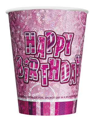 8 Gobelets Happy Birthday roses métallisés