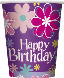 8 Gobelets en carton happy birthday violets fleuris