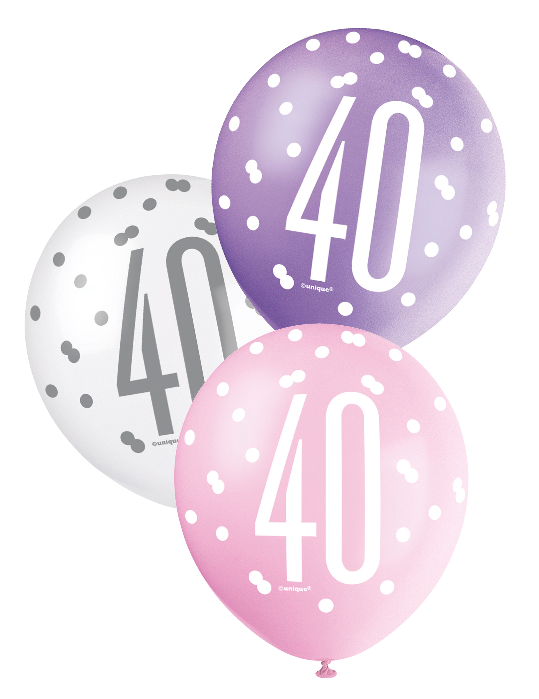 6 Ballons en latex roses, violets et blancs 40 ans