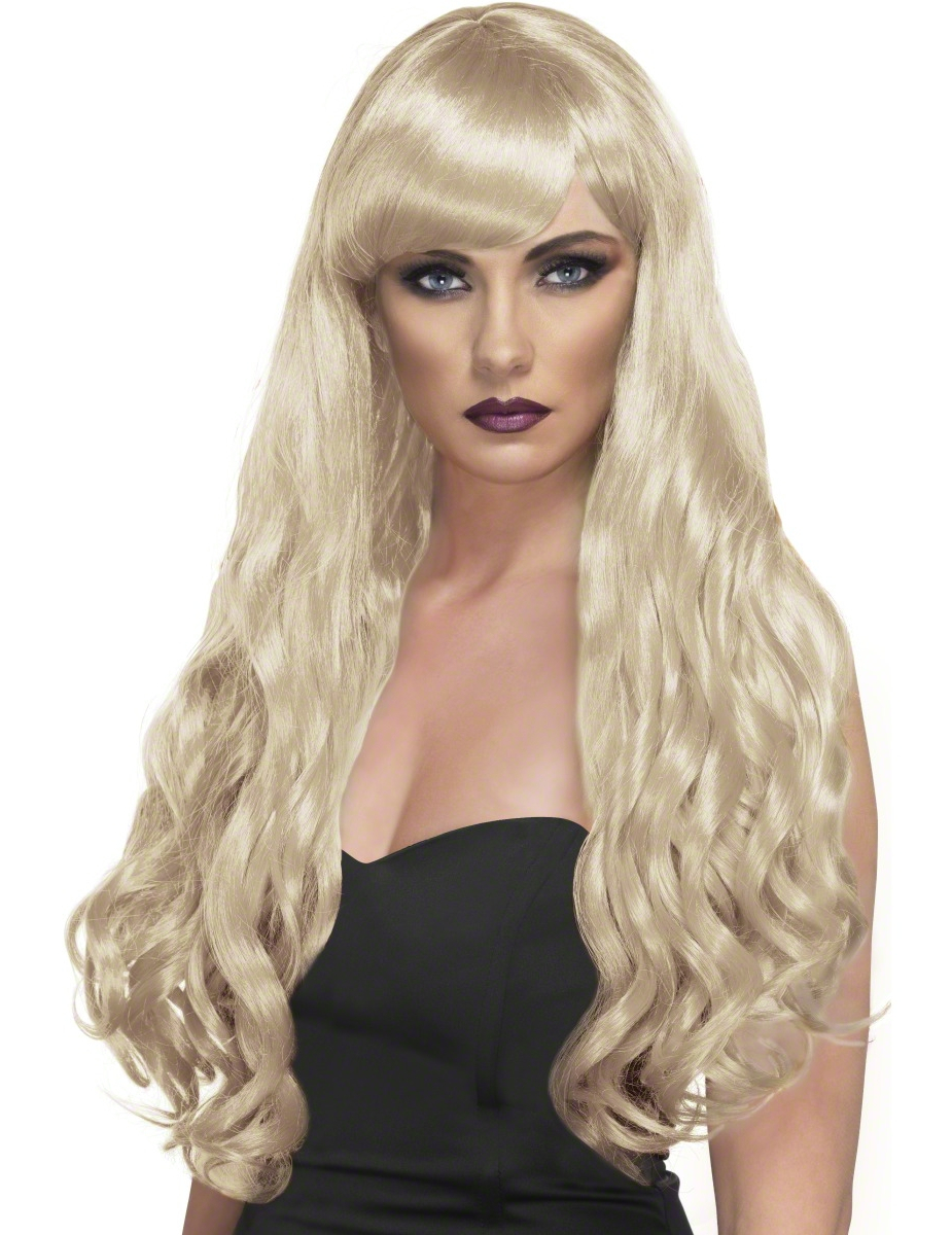 Perruque longue ondulée blonde à frange femme