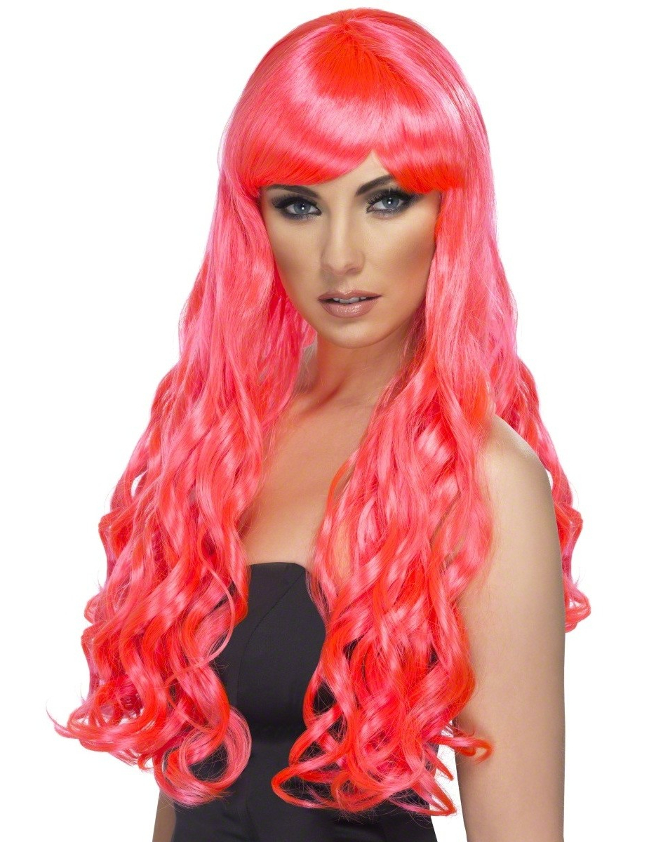 Perruque longue ondulée fuchsia femme