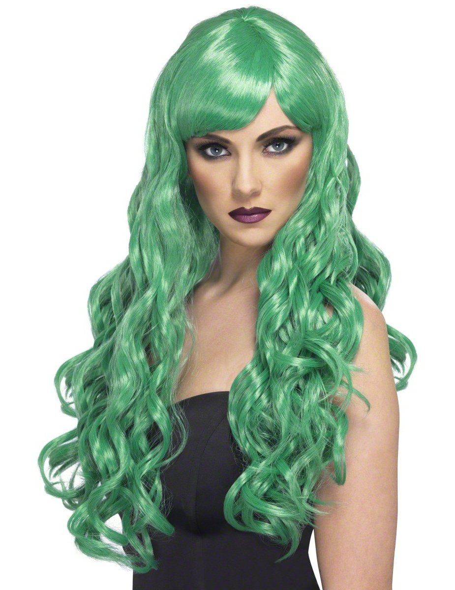 Perruque longue ondulée verte femme