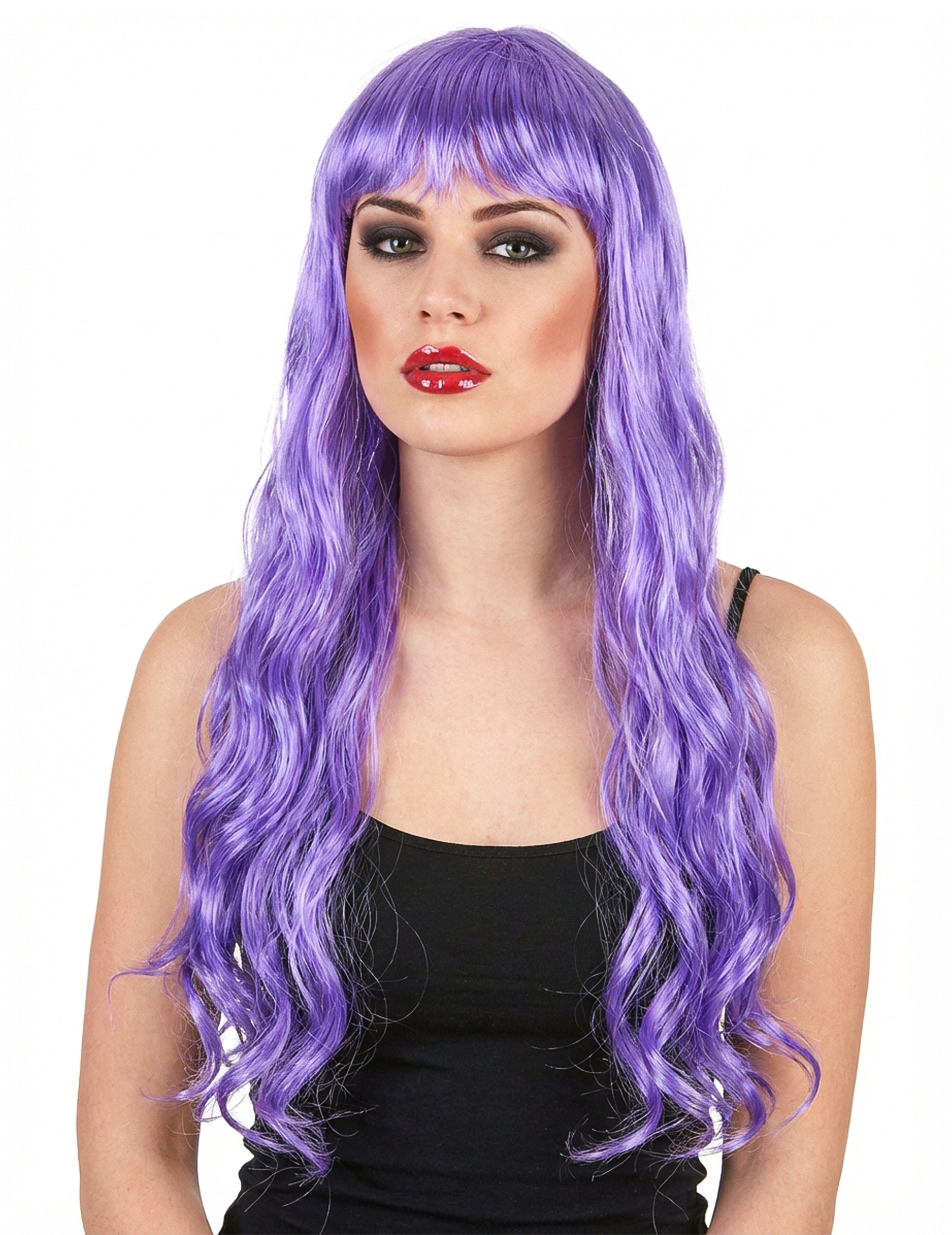 Perruque longue ondulée violette à frange femme