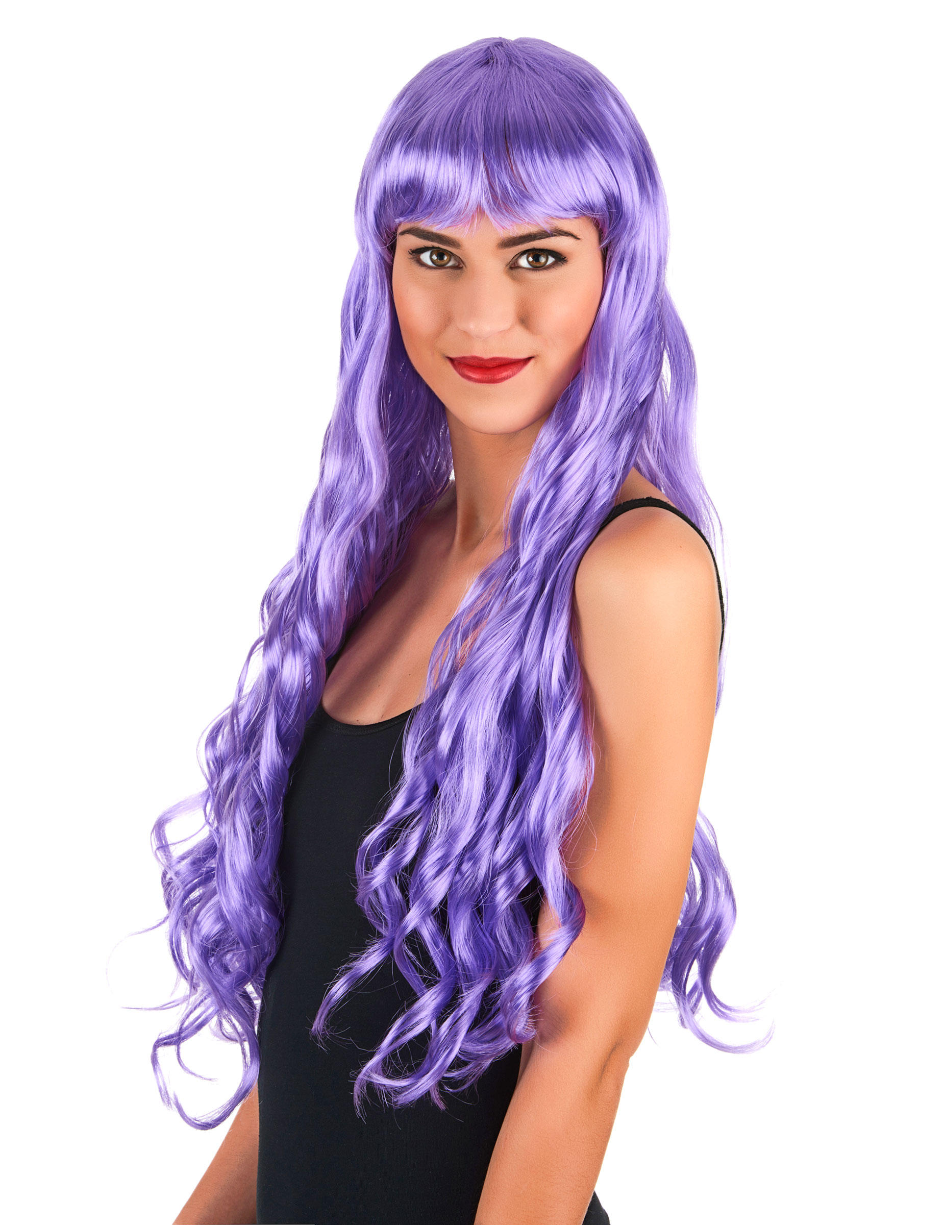 Perruque longue ondulée violette à frange femme