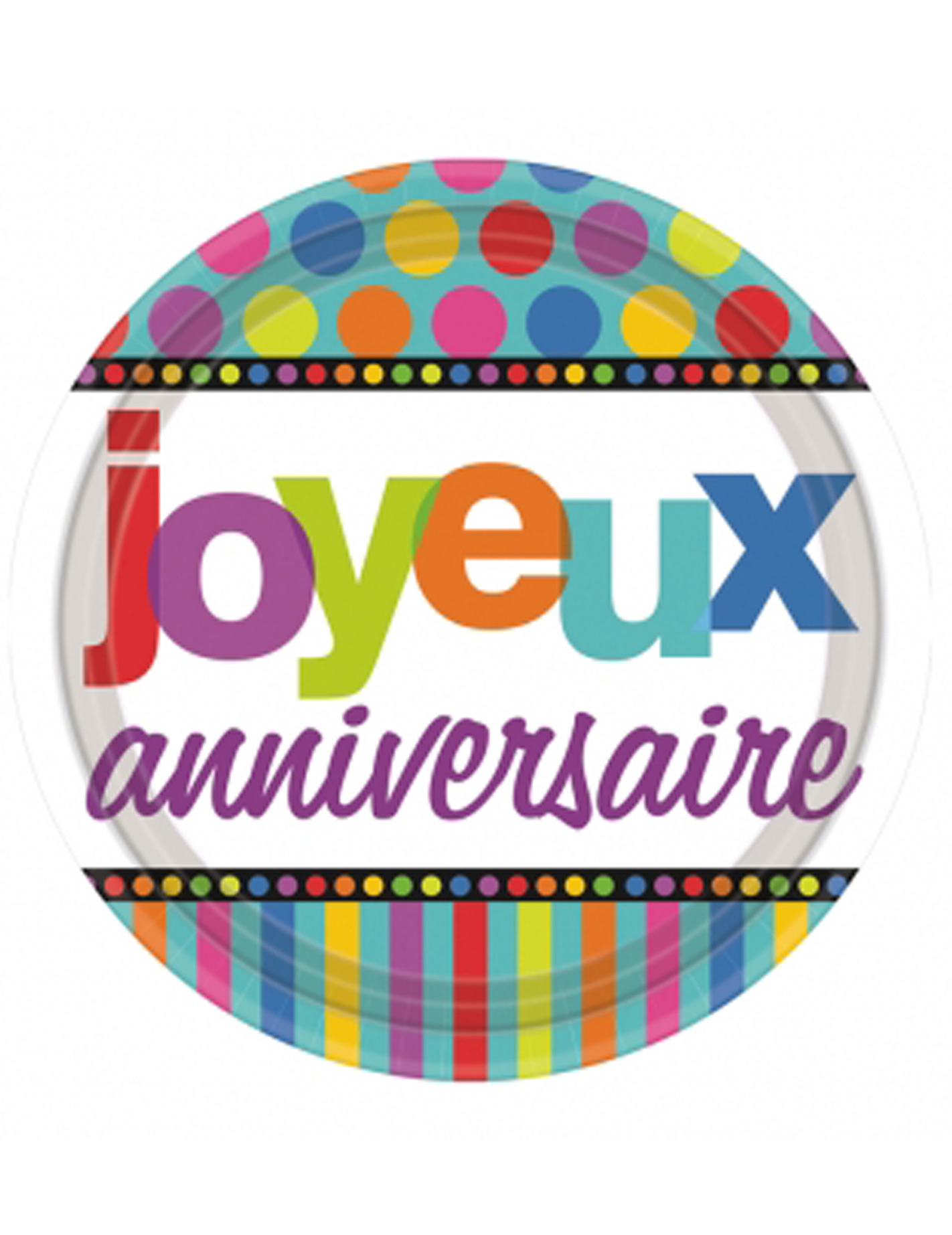 8 assiettes 23 cm Anniversaire Rayures et pois