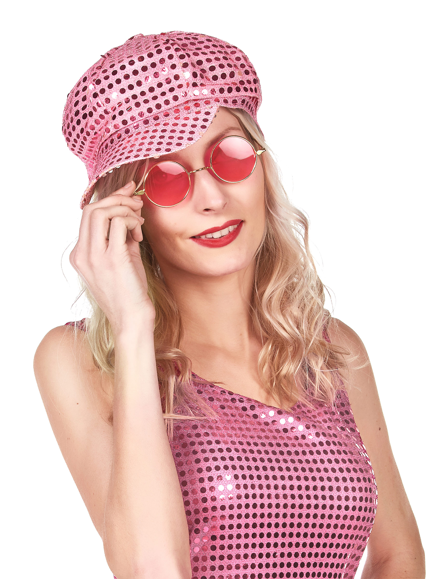 Casquette disco à sequins rose adulte