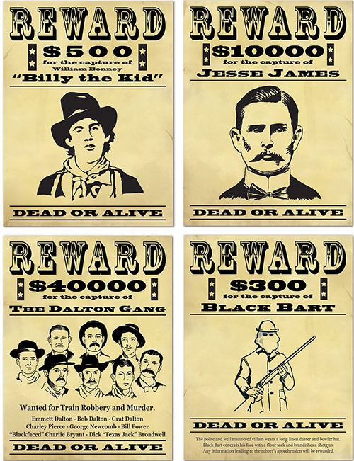 4 Affiches de récompense Bandits américains 48,3 cm
