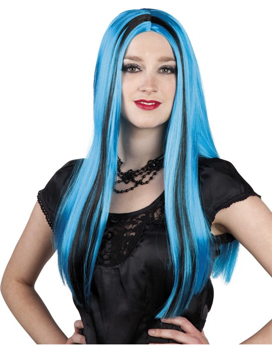 Perruque bleue mèches noires femme