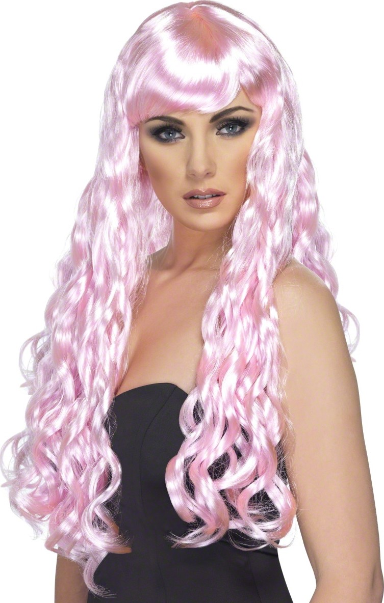 Perruque longue ondulée rose pâle femme