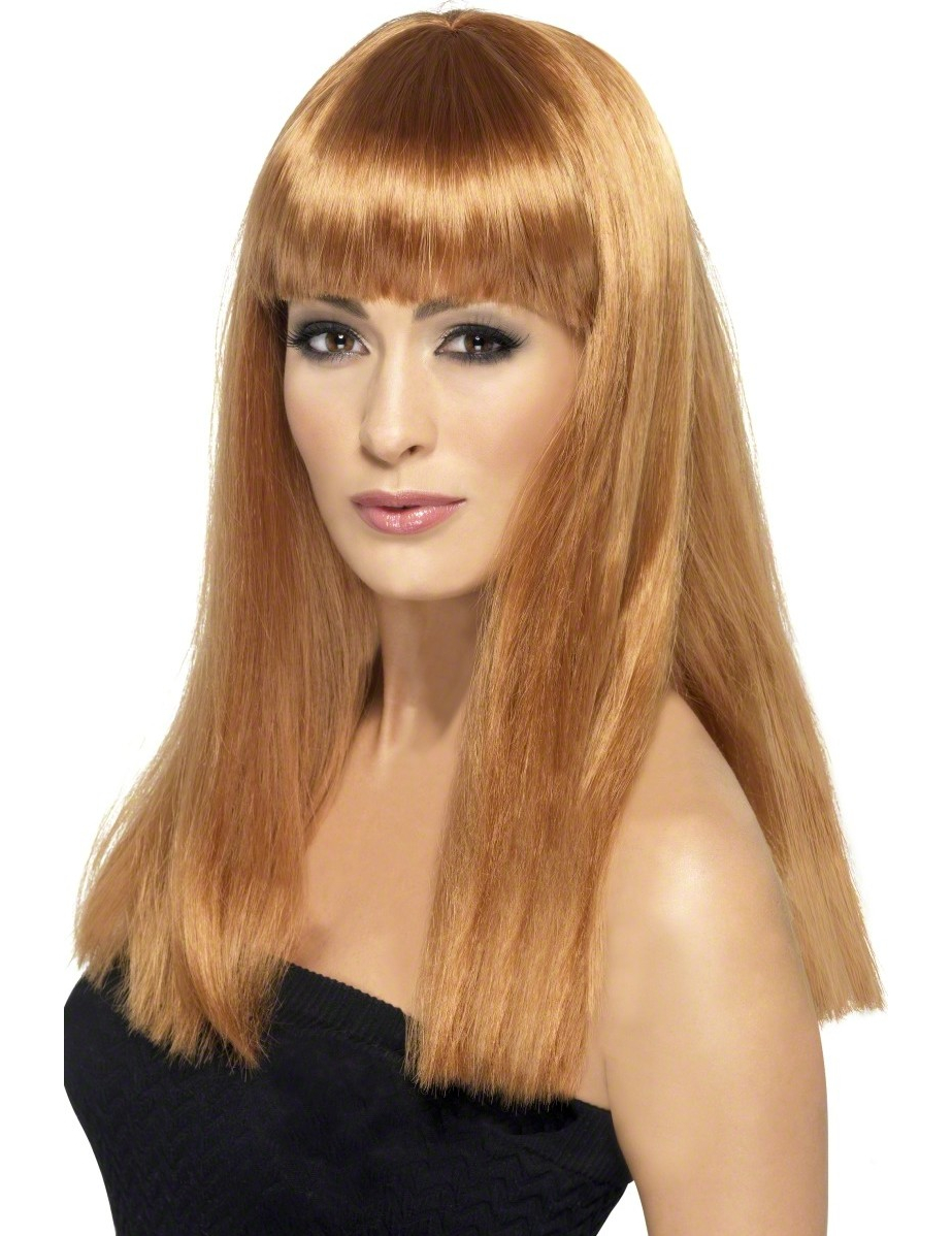 Perruque longue auburn caramel à frange femme