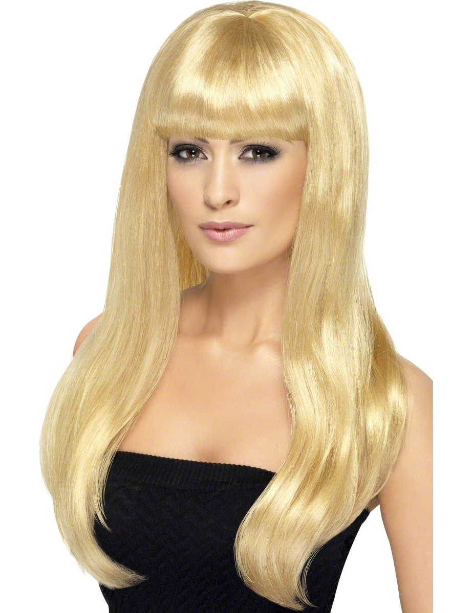 Perruque longue blonde platine à frange femme