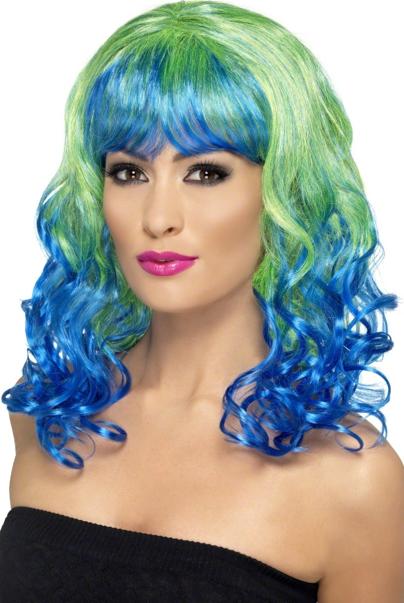 Perruque bouclée bleue et verte femme