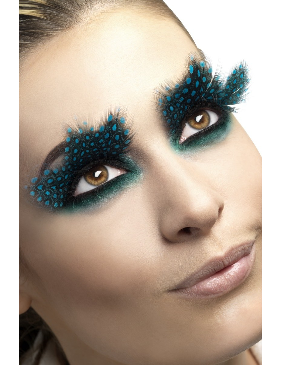 Faux cils plumes noires à pois bleus adulte