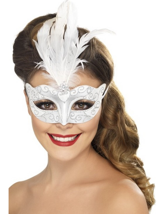 Loup vénitien argenté avec plumes blanches adulte