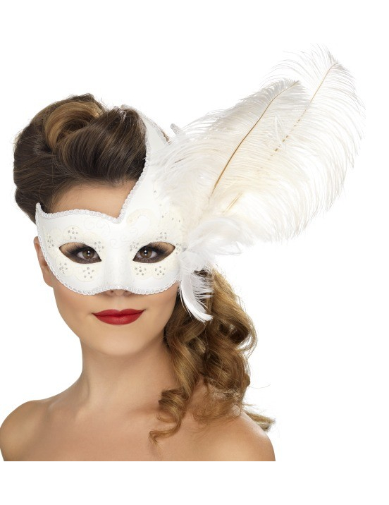 Loup vénitien blanc avec plumes blanches adulte