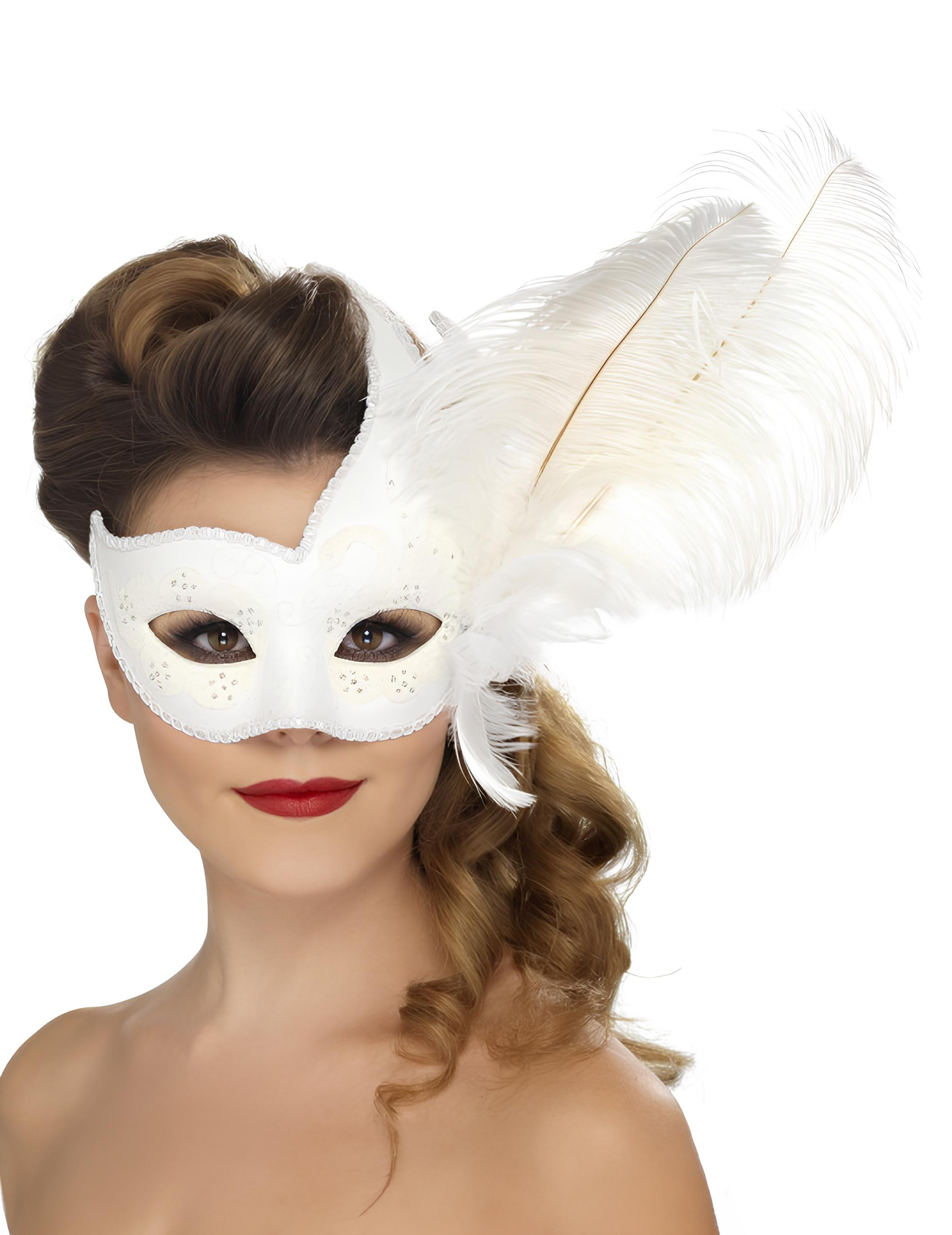 Loup vénitien blanc avec plumes blanches adulte