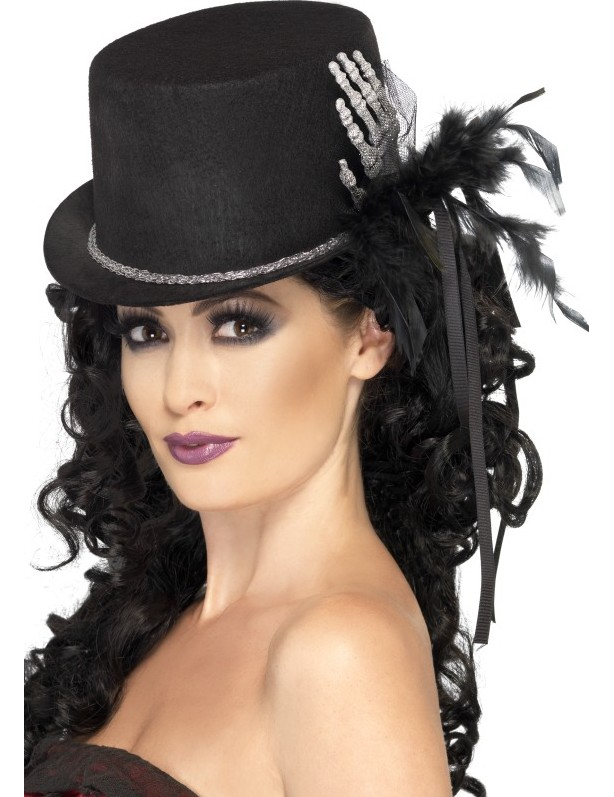 Chapeau haut de forme noir avec main squelette et plumes femme Halloween