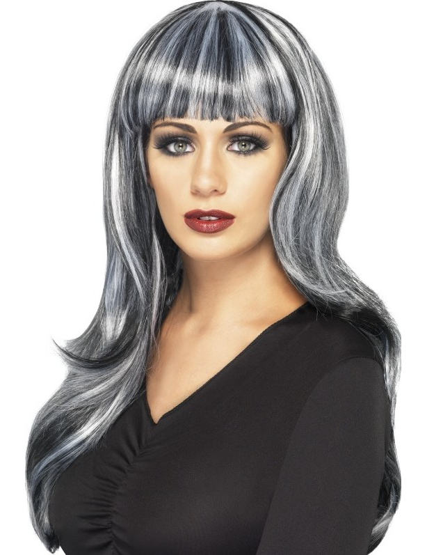 Perruque longue noire et blanche avec frange femme